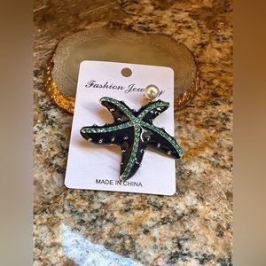 Gold Black Enamel Blue Rhinestone Starfish Brooch